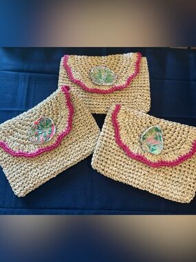 Woven Straw Clutch with Pink Trim and Handmade Seashell Accent